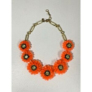 J. Crew Necklace Bright Orange Floral Chunky Gold Oval Link Statement Rhinestone